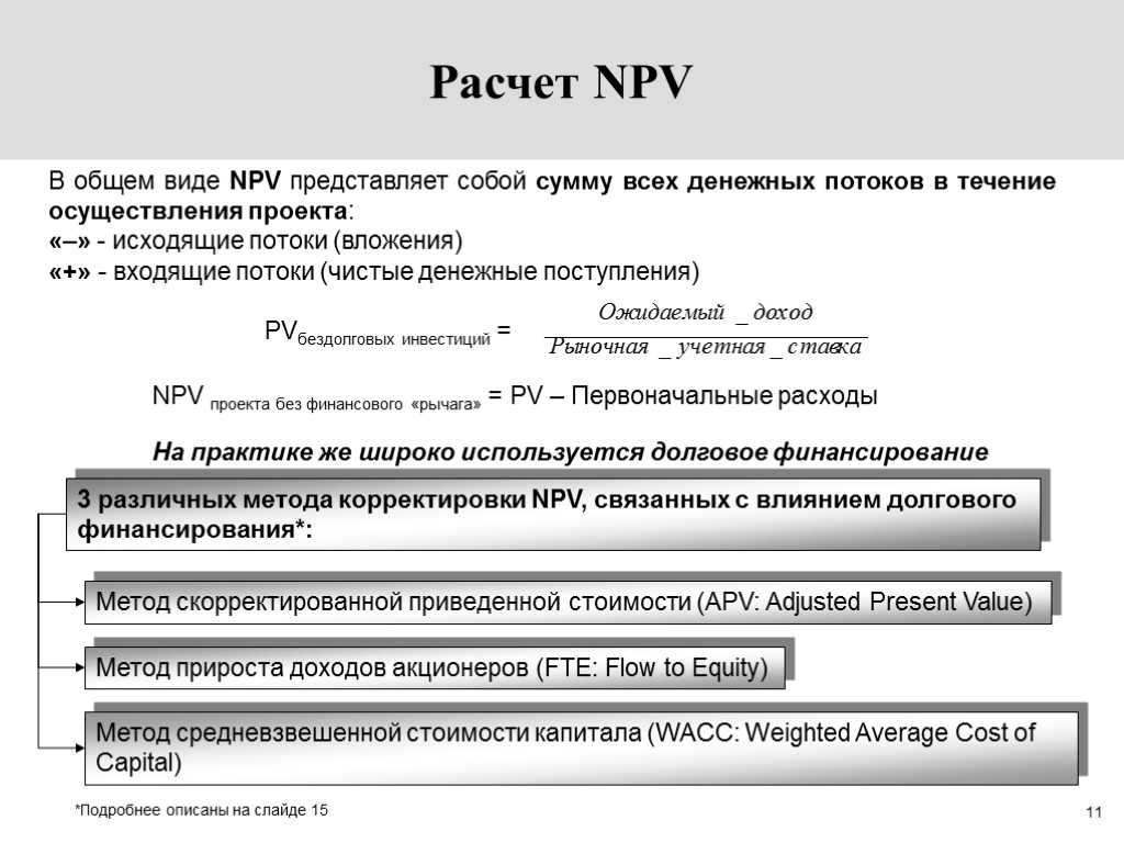 11 Расчет NPV В общем виде NPV представляет собой сумму всех денежных потоков в